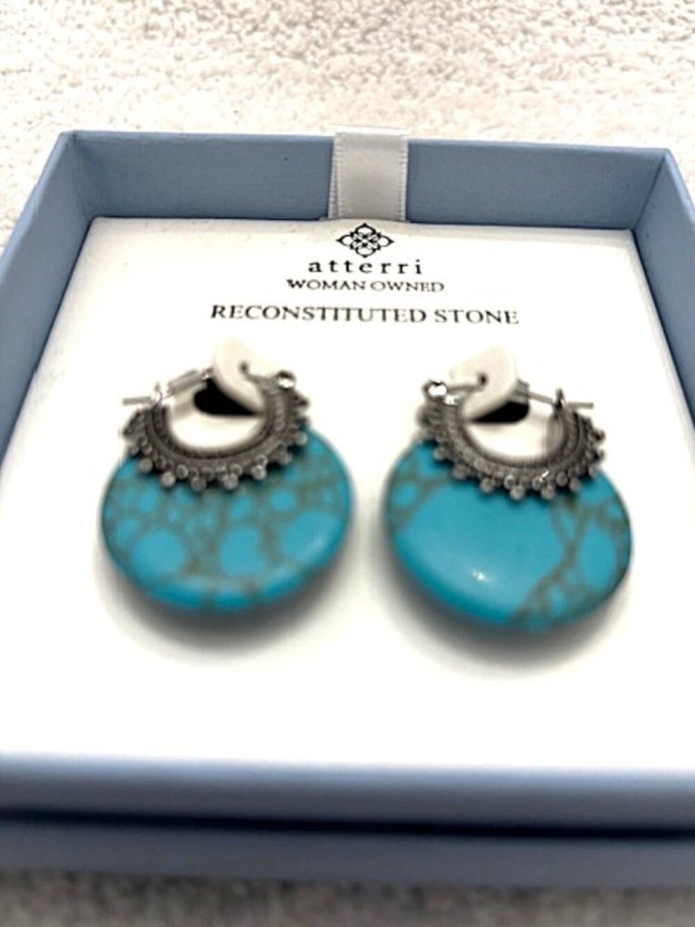 Atterri blue turquoise and silver tone detail bohemian style pierced earrings